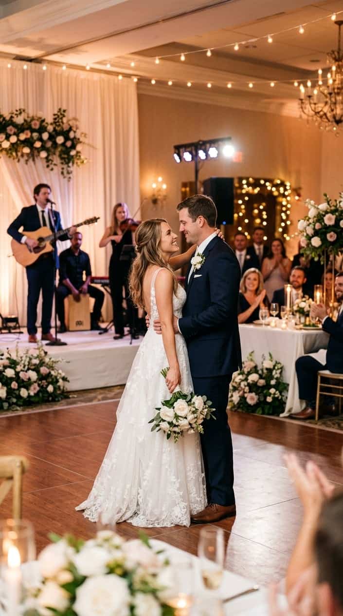 A bride and groom share their first dance at a wedding reception with a live acoustic trio playing in the background, guests watching from chairs arranged in a gentle curve, string lights overhead.