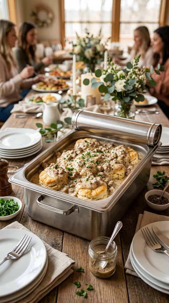 Split buttermilk biscuits topped with thick sausage gravy, served in a matte black insulated carrier on a wooden farm table.