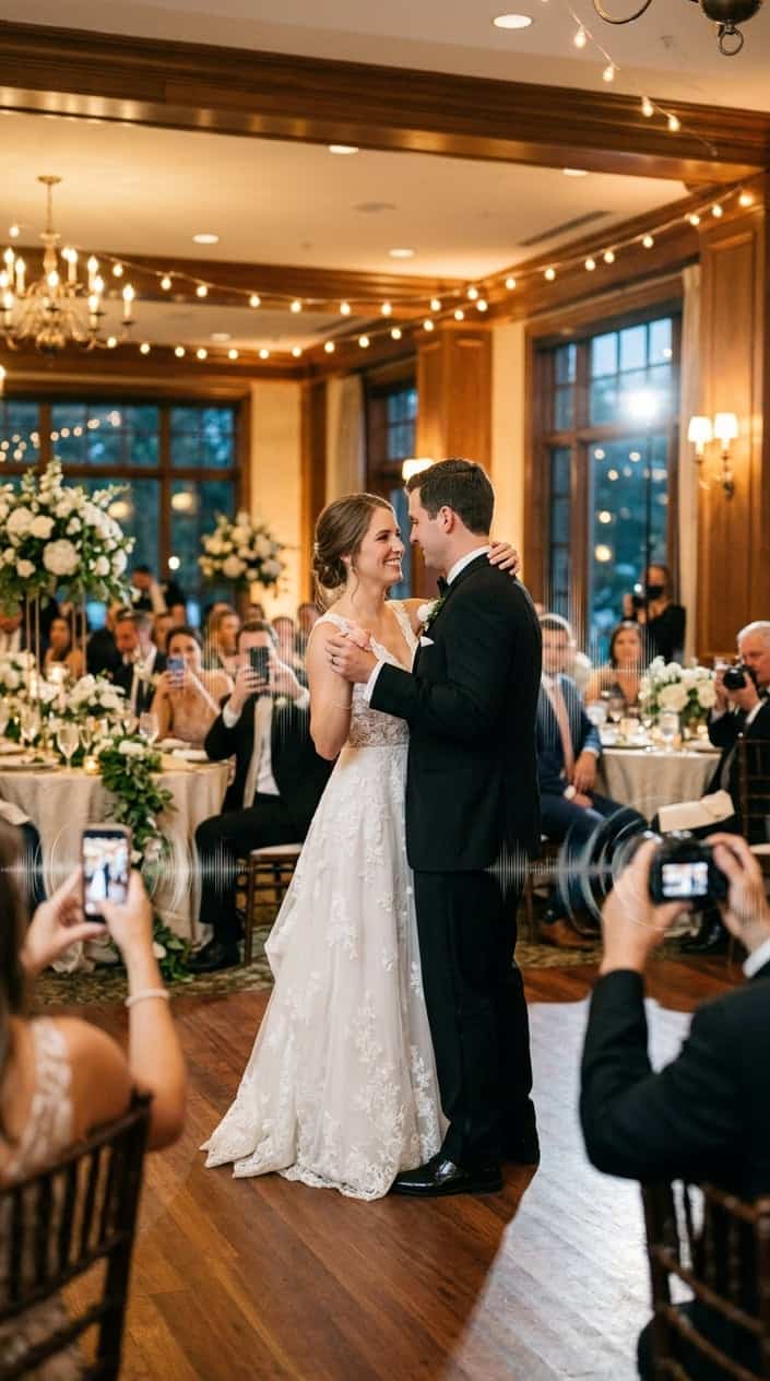 A bride and groom dancing at a wedding reception, guests visible in the background holding phones and cameras up to capture the moment, warm Edison-bulb string lights overhead.