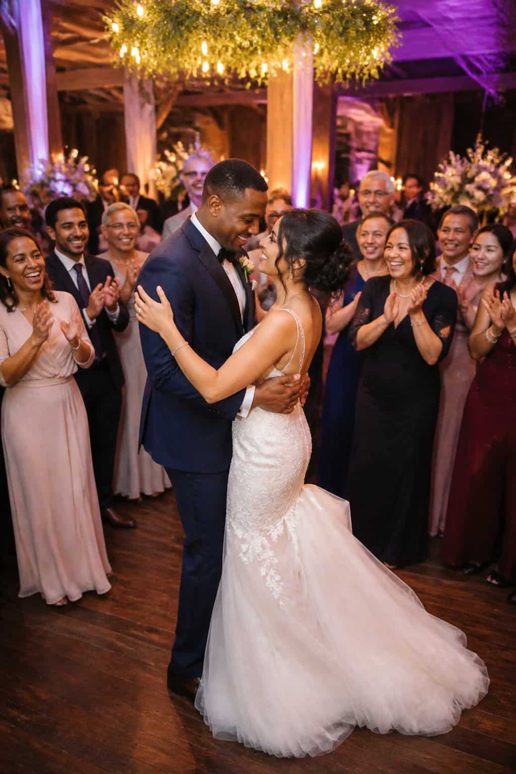A group of wedding guests clapping and smiling together on a dance floor during a couple's second dance.