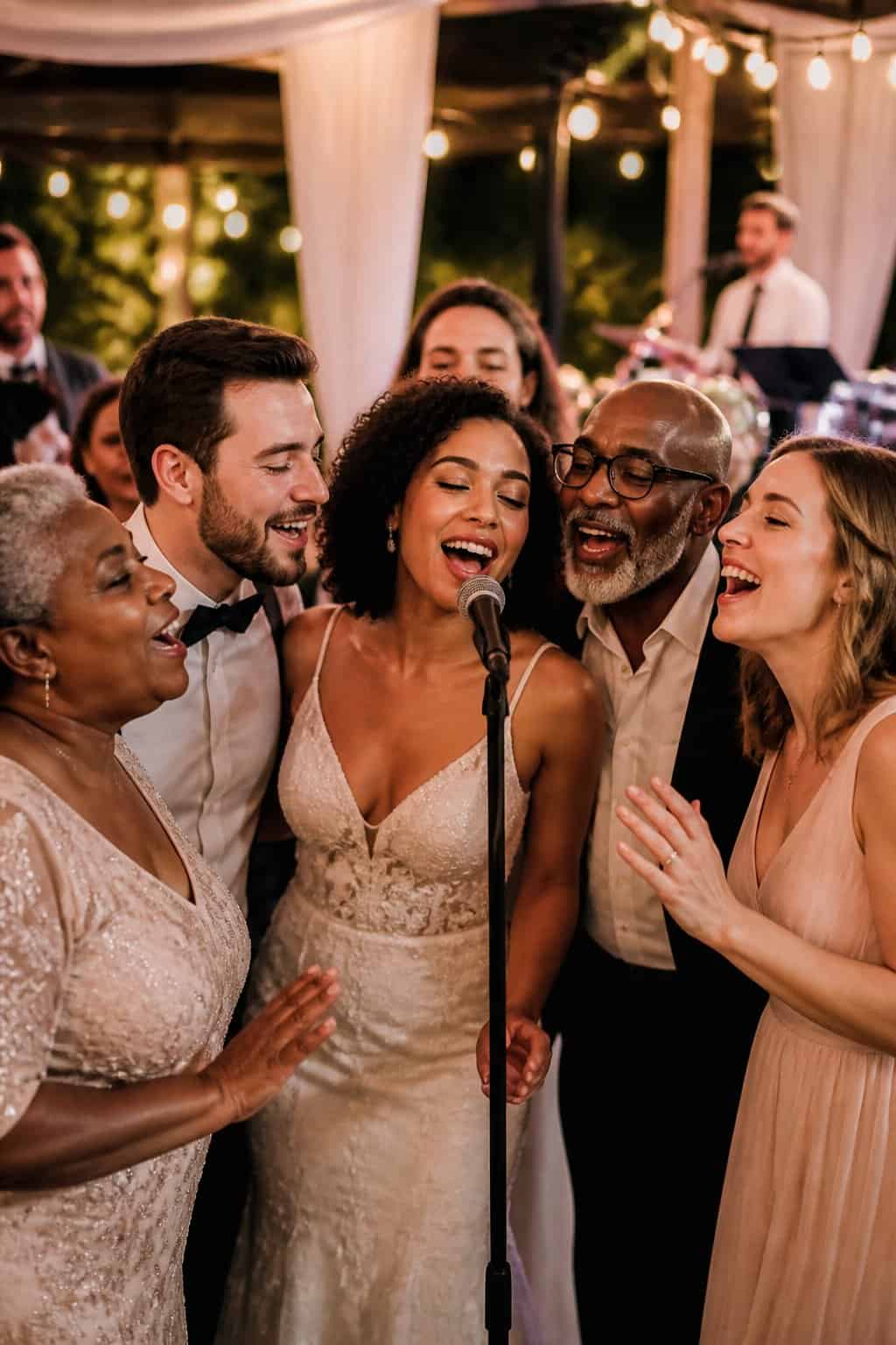 A group of wedding guests happily singing together around a microphone at a reception, sharing a joyful moment.
