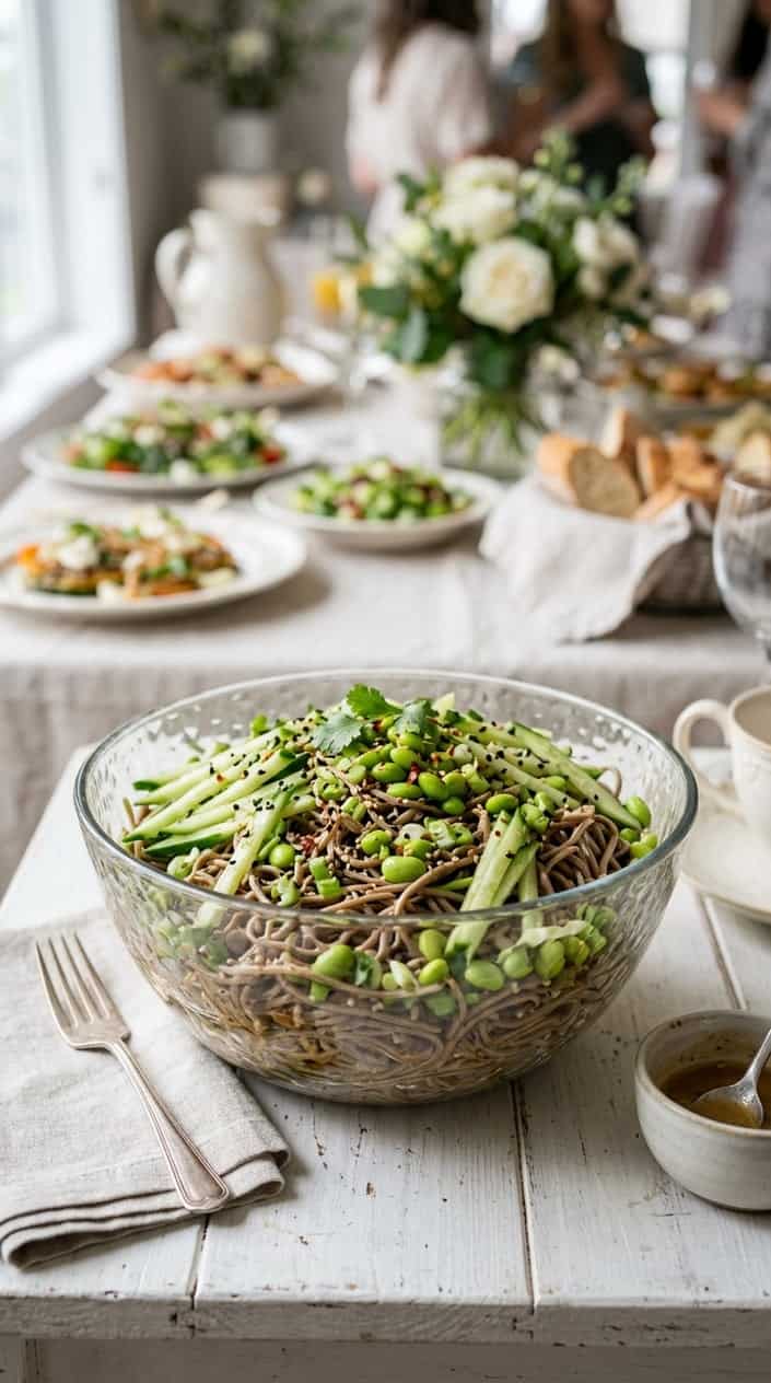 A wide shallow bowl of cold sesame soba noodles with julienned cucumber, bright green edamame, and thinly sliced scallions, with sesame seeds scattered across the top.