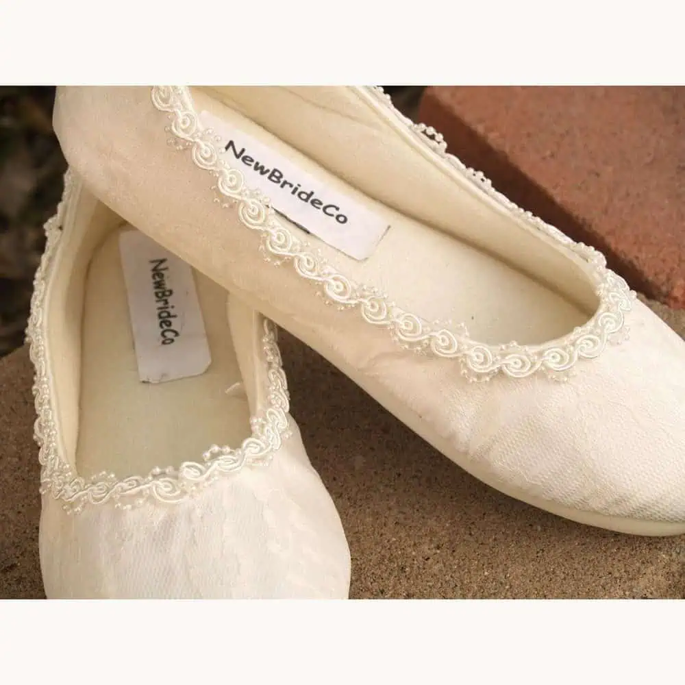 Ivory Lace Ballet Flats with Pearl Trim