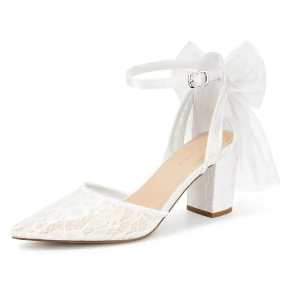 White Lace Bow Low Block-Heel Pumps