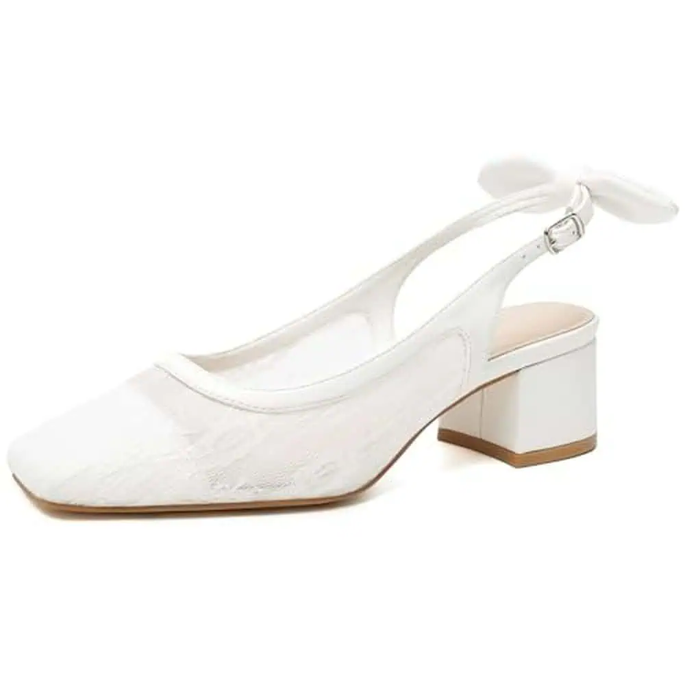 White Lace Bow Slingback Block Heels