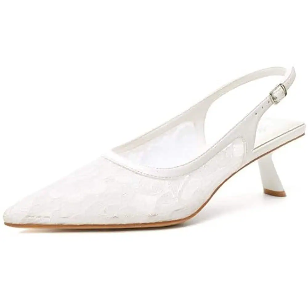 White Lace Slingback Kitten-Heel Pumps