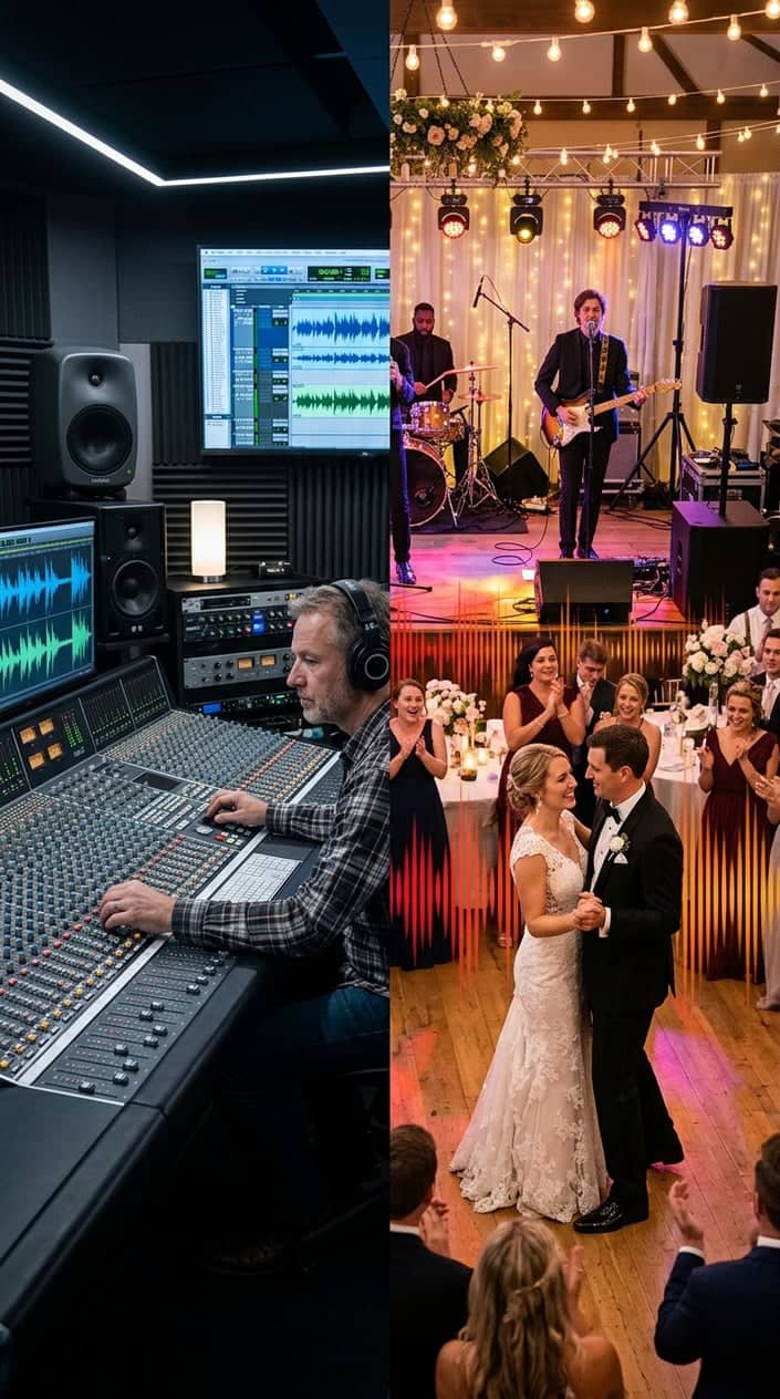 Split image showing a recording studio interior with rack-mounted audio processors and a glowing computer screen on one side, and a bride and groom sharing their first dance under warm reception lighting on the other.