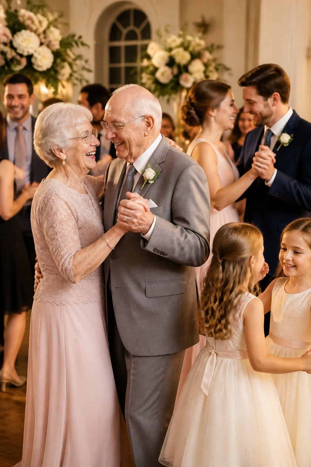 Multiple generations dancing together joyfully at a wedding reception, including an elderly couple and younger family members sharing a warm moment.