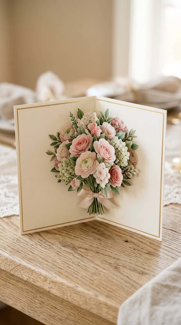 An open pop-up card displaying a three-dimensional paper bouquet in blush and ivory tones, photographed on a bright white surface.