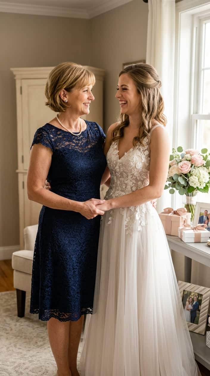 A mother and her adult daughter in wedding-day attire smiling together in a warmly lit living room with floral decorations visible in the background.