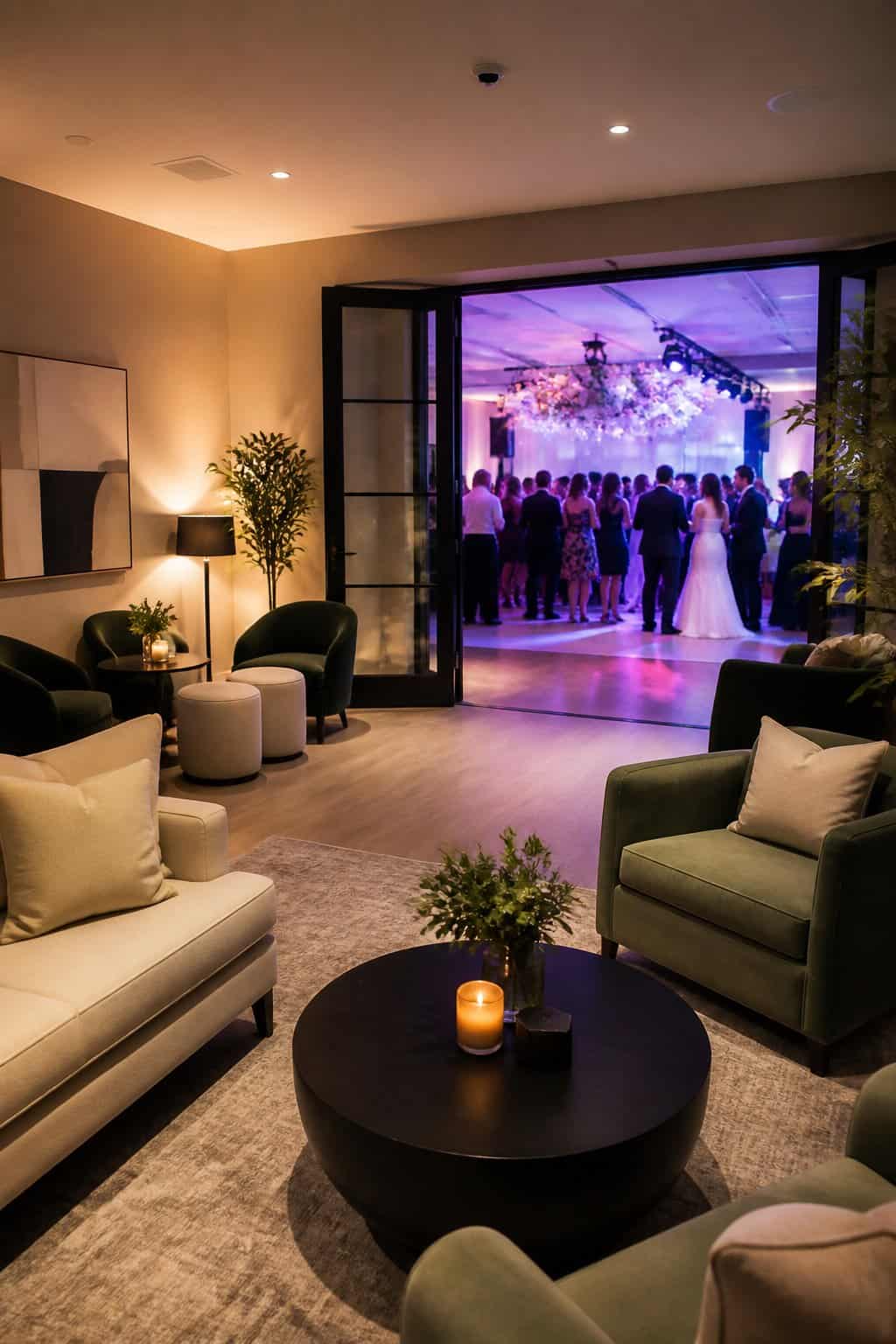 A wedding venue interior with a quiet lounge corner featuring low sofas, warm lamp light, and a soft area rug positioned adjacent to a lively dance floor with guests dancing in the background