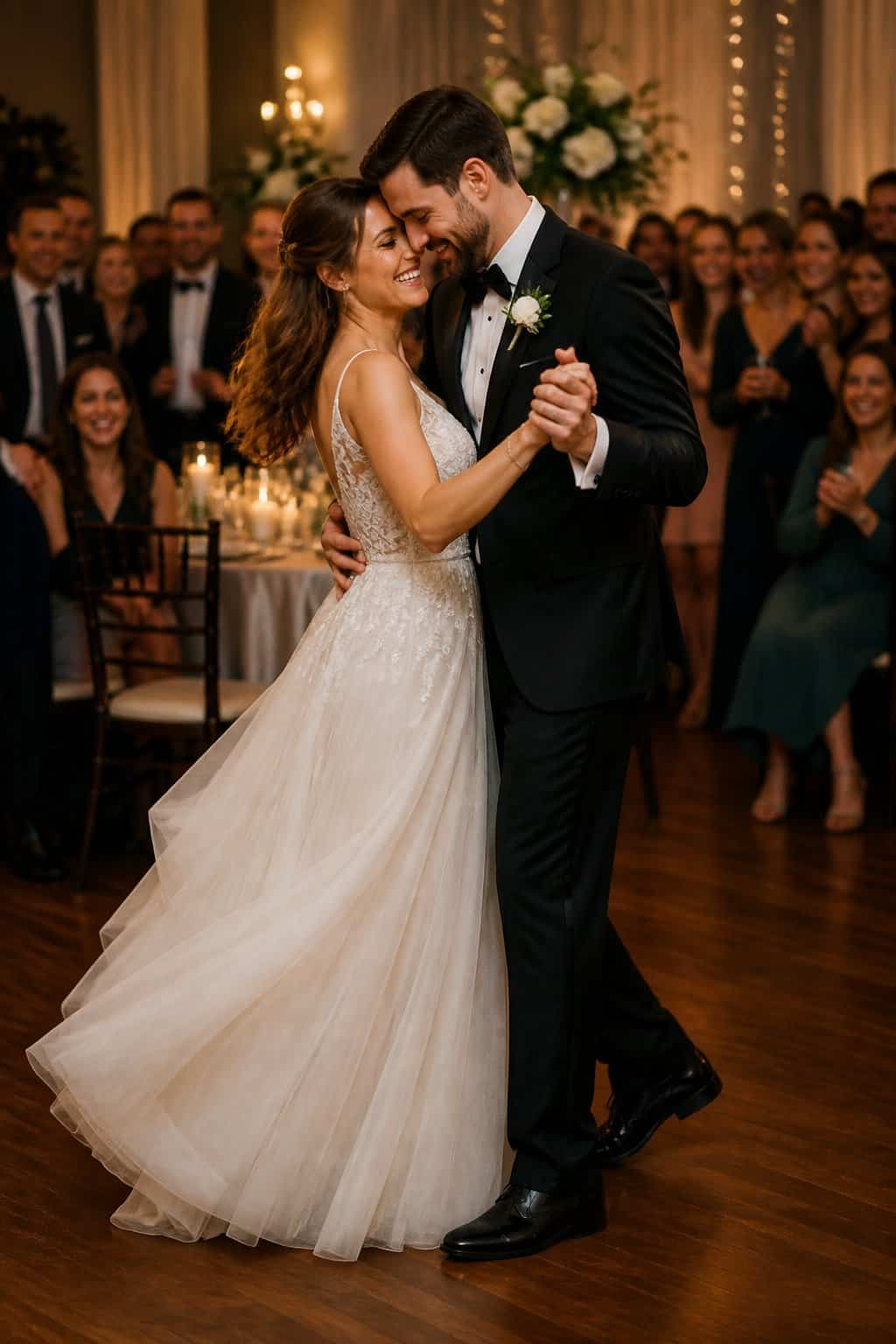 A bride and groom sharing their second dance at a wedding reception, surrounded by smiling guests in a warmly lit ballroom.