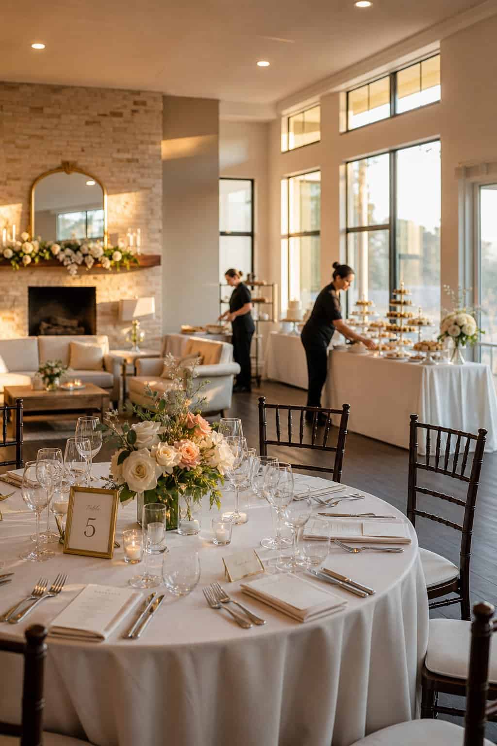Empty wedding reception tables with floral centerpieces and staff preparing decorations in soft natural light.