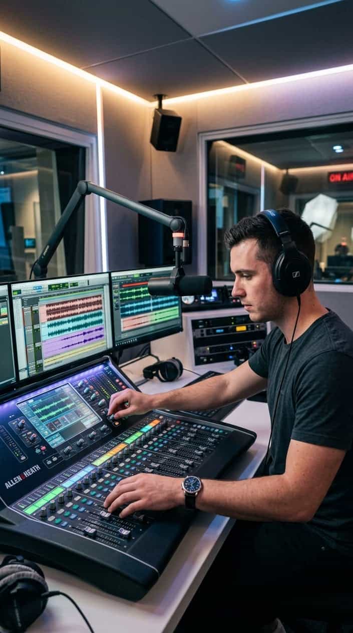 A DJ working at a mixing console with headphones on, adjusting faders under a warm amber studio light, waveforms visible on a laptop screen to the right.