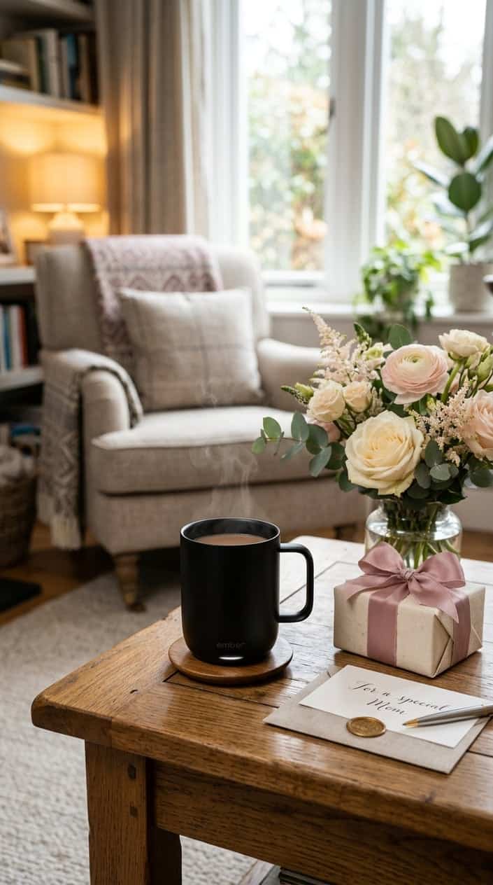 A matte black ceramic-coated temperature control mug sitting on a wood-grain table beside a small floral arrangement, a compact gift box, and a handwritten note card.