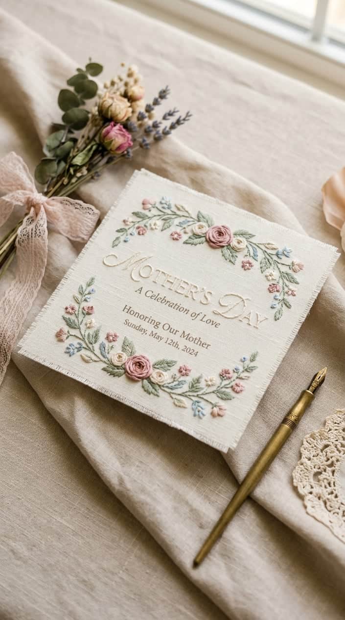 Close-up of an embroidered linen card with stitched cursive script in muted navy, surrounded by dried florals and cream lace ribbon on a soft neutral background.