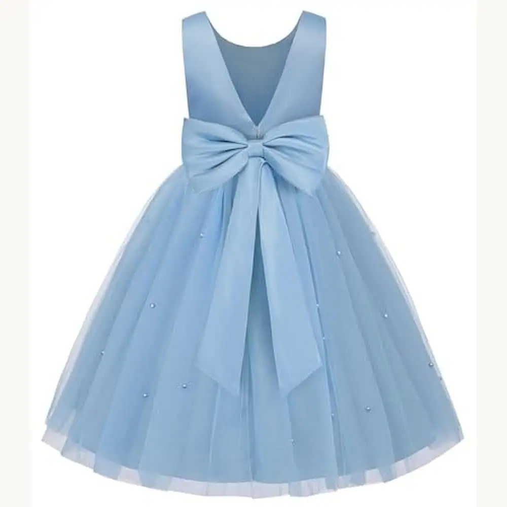 Dusty Blue Satin Flower Girl Ball Gown