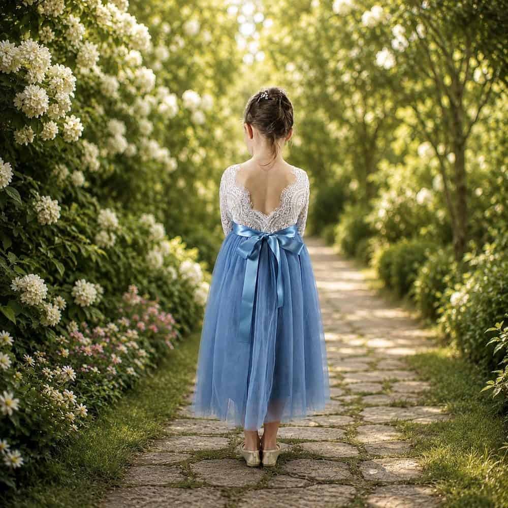 Dusty Blue Tulle and White Lace Dress