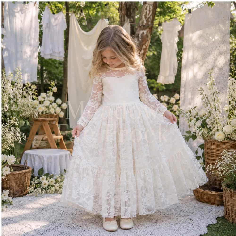 Ivory Long-Sleeve Tiered Lace Maxi Dress