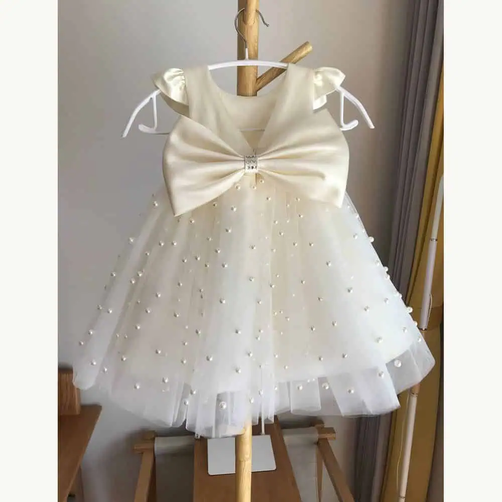 Ivory Tulle Pearl Flower Girl Dress