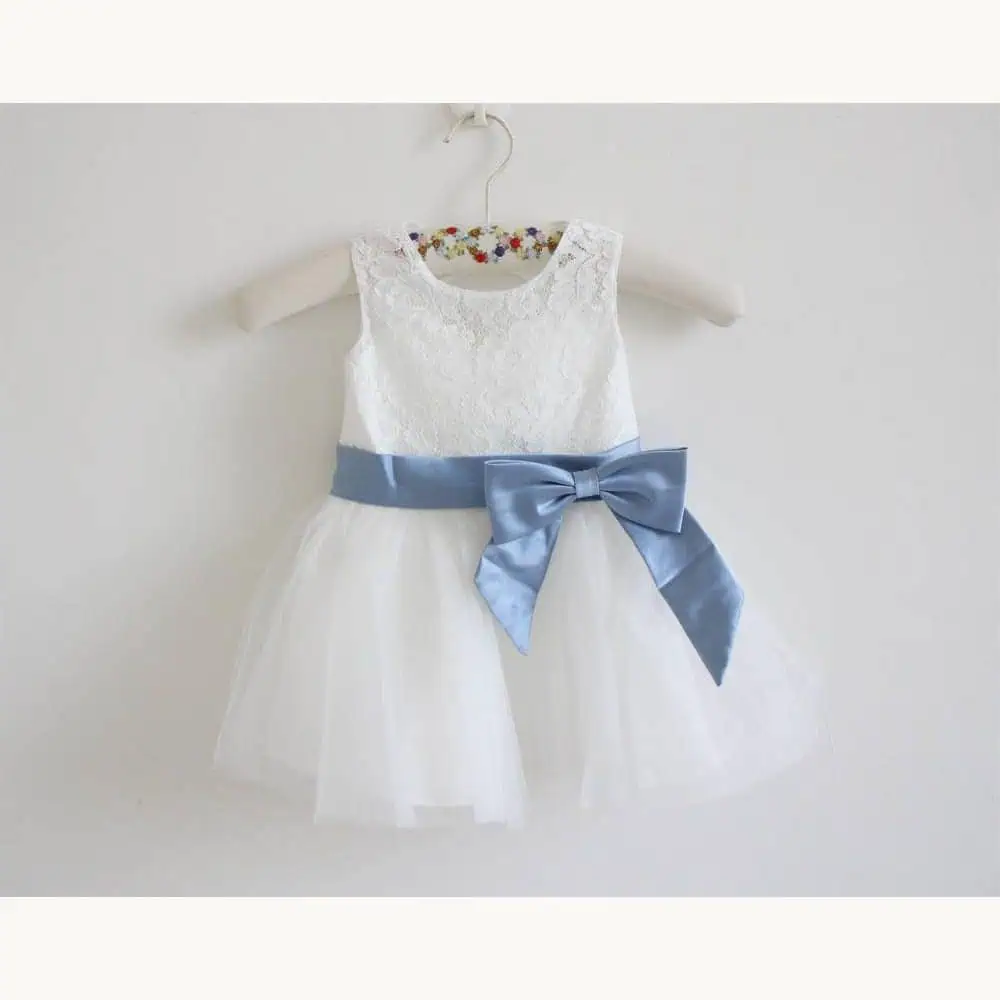Light Ivory Lace Dress with Dusty Blue Ribbon