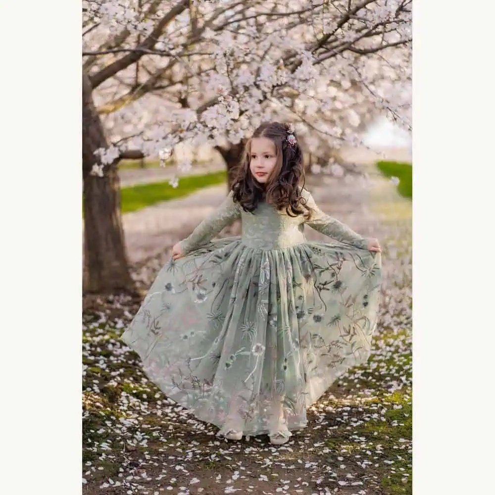 Sage Embroidered Tulle Flower Girl Dress
