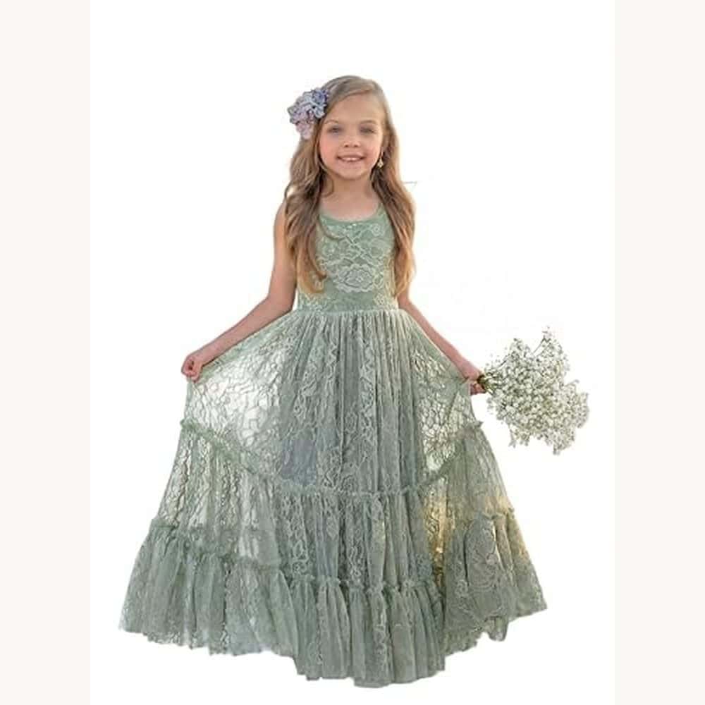 Sage Green Sleeveless Lace Flower Girl Dress