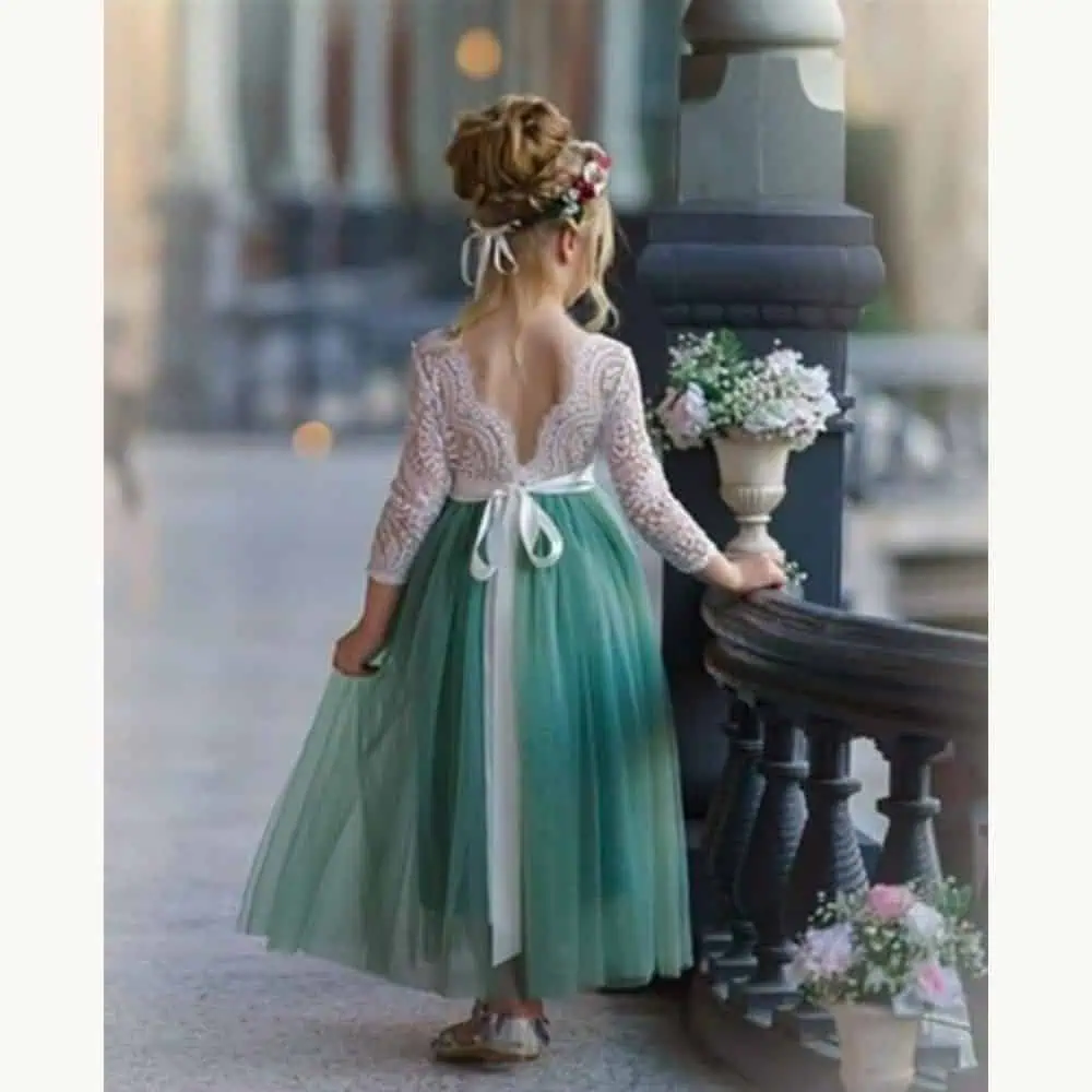 Sage Green Tulle and Lace Long-Sleeve Dress