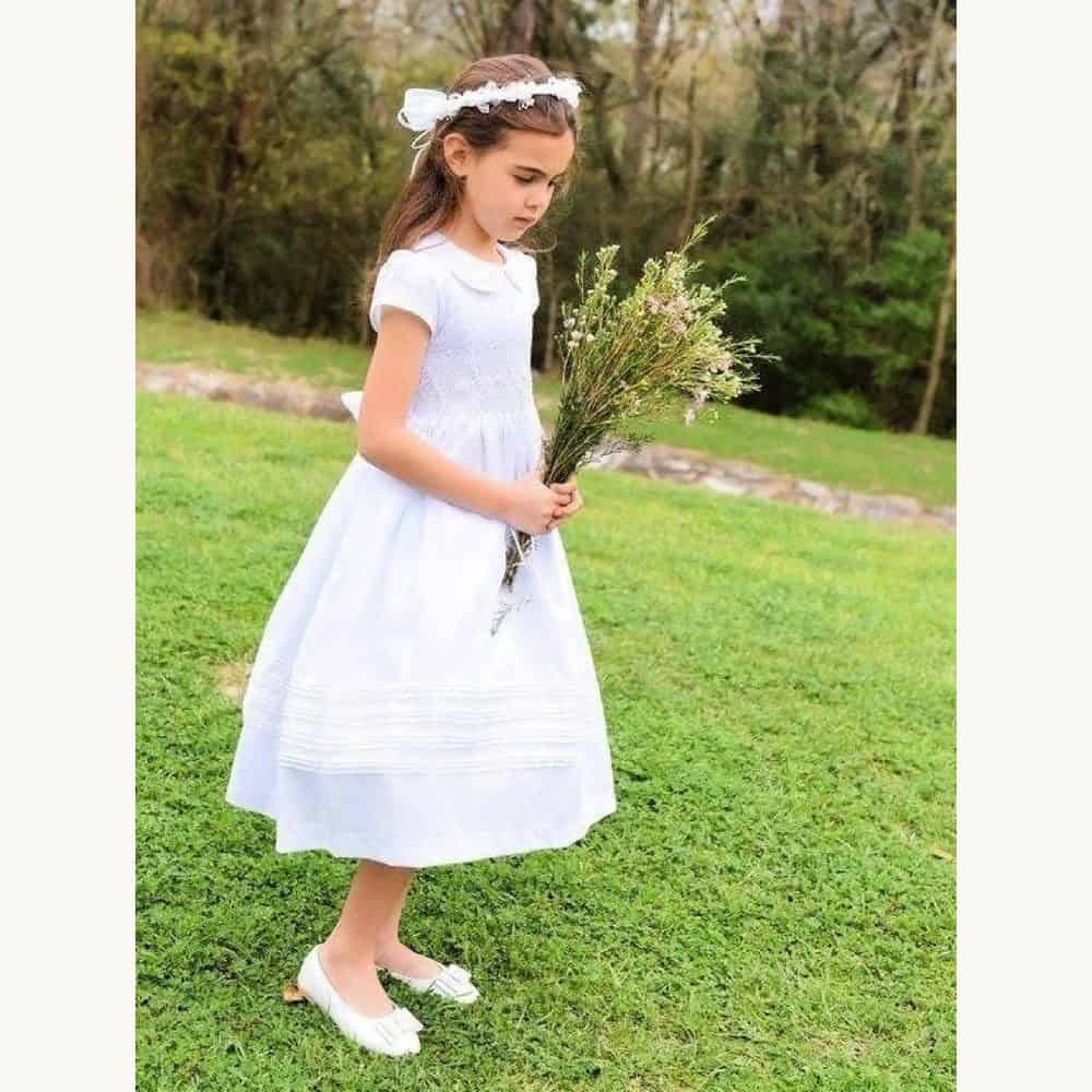 White Hand-Smocked Cotton Flower Girl Dress