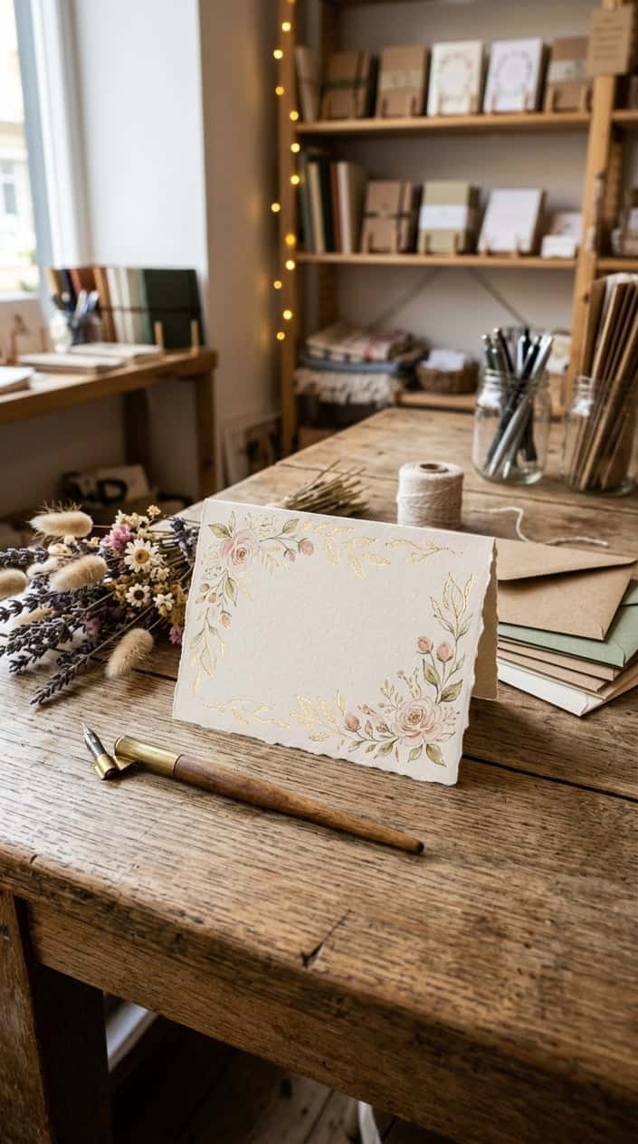 A handcrafted greeting card with warm gold-foil script on cream stock, displayed on a wooden table beside dried botanicals and a blush envelope in a cozy stationery shop setting.