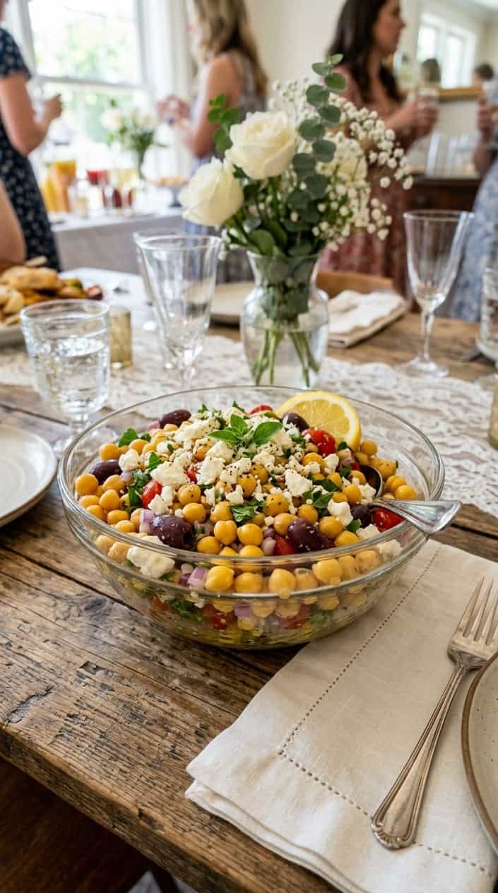 A shallow ceramic bowl of Greek chickpea salad with crumbled white feta, halved Kalamata olives, diced cucumber, and cherry tomatoes, with a lemon wedge resting on the rim.