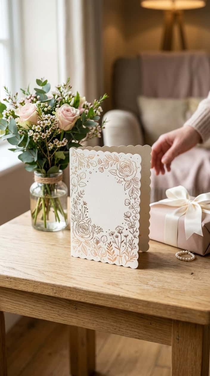 An open floral greeting card lying on a wooden table with a soft arrangement of white and blush blooms and a small wrapped gift in natural light.