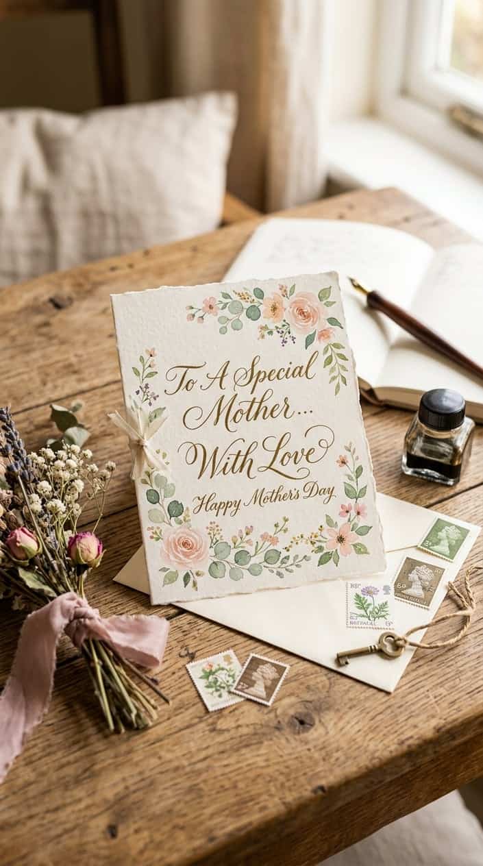 A keepsake card with flowing hand-lettered calligraphy and small dried floral accents on a wooden table beside a wax seal and cream envelope.