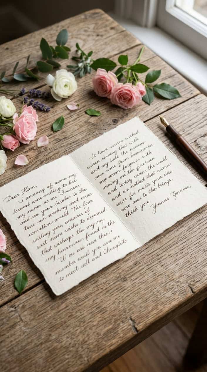 An open handwritten-style card on a wooden table with a fountain pen resting beside it, surrounded by small cream and blush flowers in soft window light.