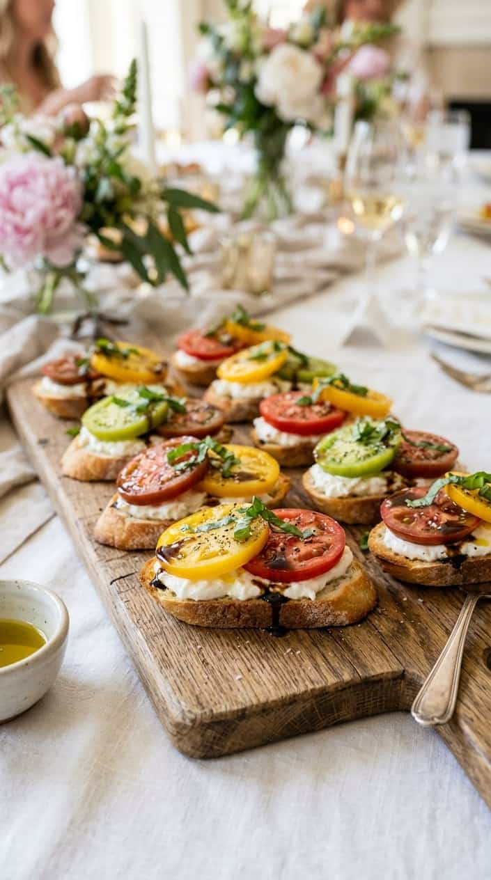 Toasted baguette rounds topped with torn burrata, halved heirloom tomatoes in red and gold, fresh basil leaves, and a glossy balsamic reduction drizzle, arranged on a long wooden board.