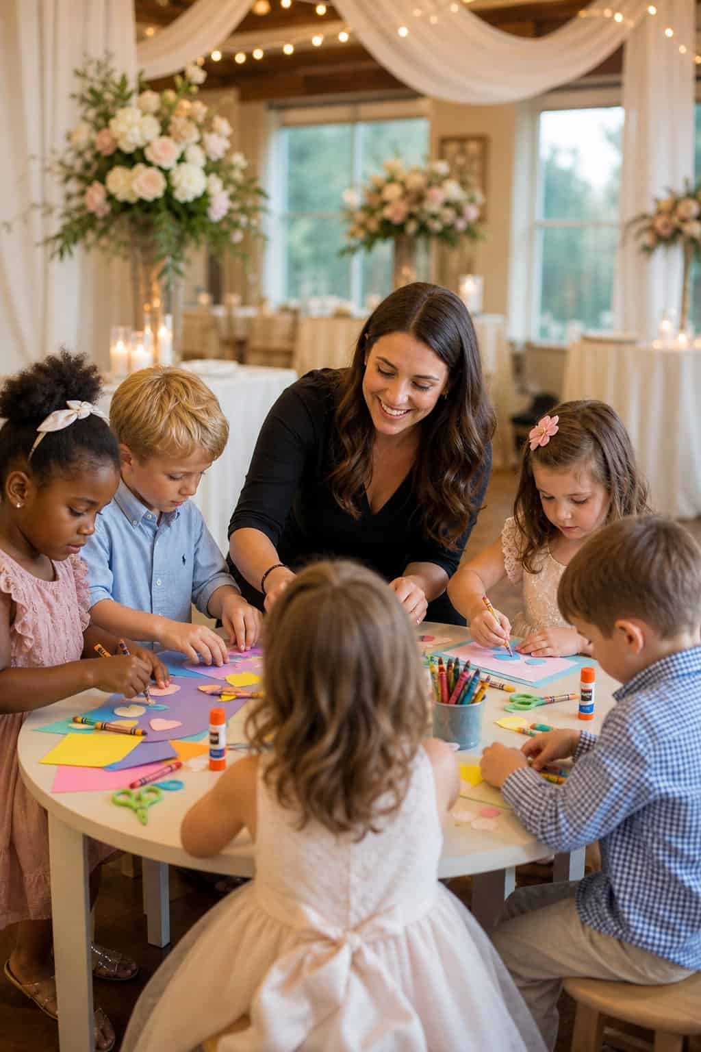 A childcare lead helping young children with simple crafts around a table during a wedding event.