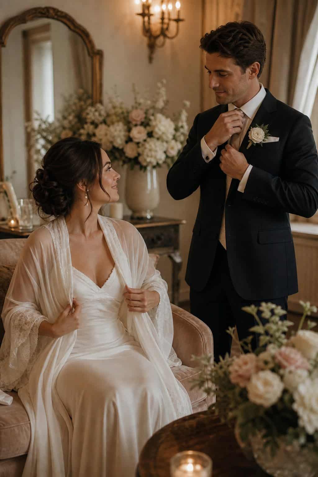 A bride and groom quietly resting indoors as the bride changes into reception clothes, surrounded by soft wedding decorations.