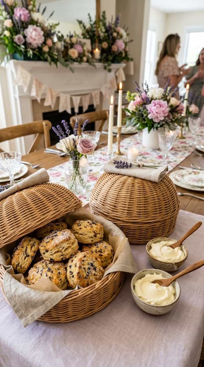 Honey-lavender scones with golden tops resting in a shallow parchment-lined wicker basket, with a small white ramekin of clotted cream beside it on a linen-covered table.