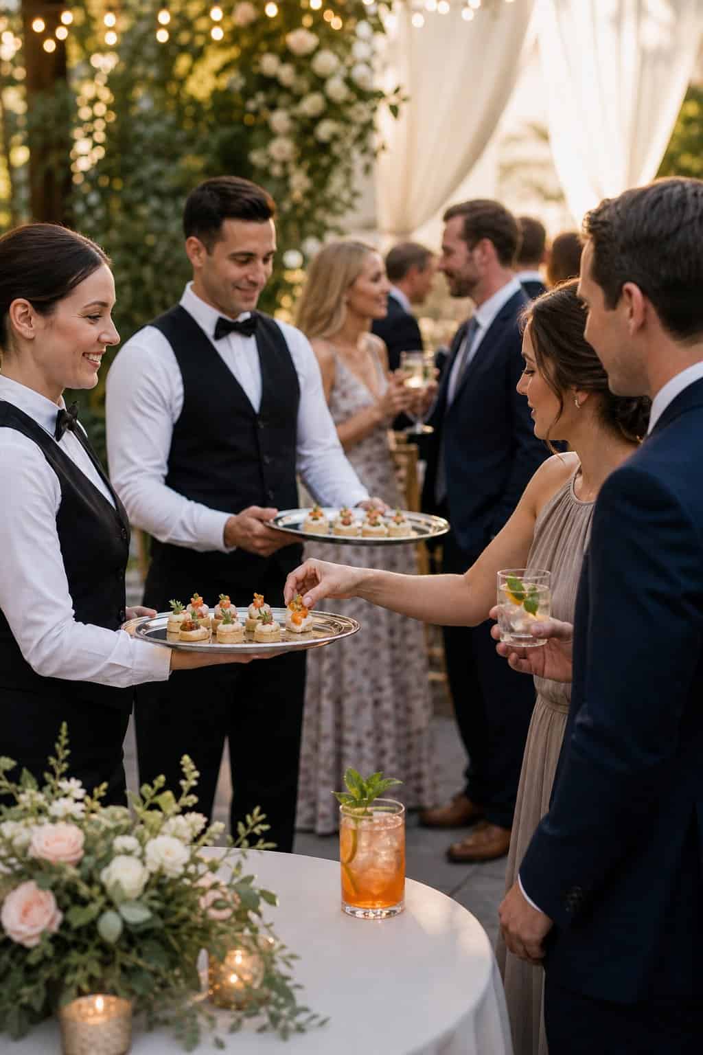 Two servers pass canapés to guests enjoying a relaxed cocktail hour at a wedding reception.