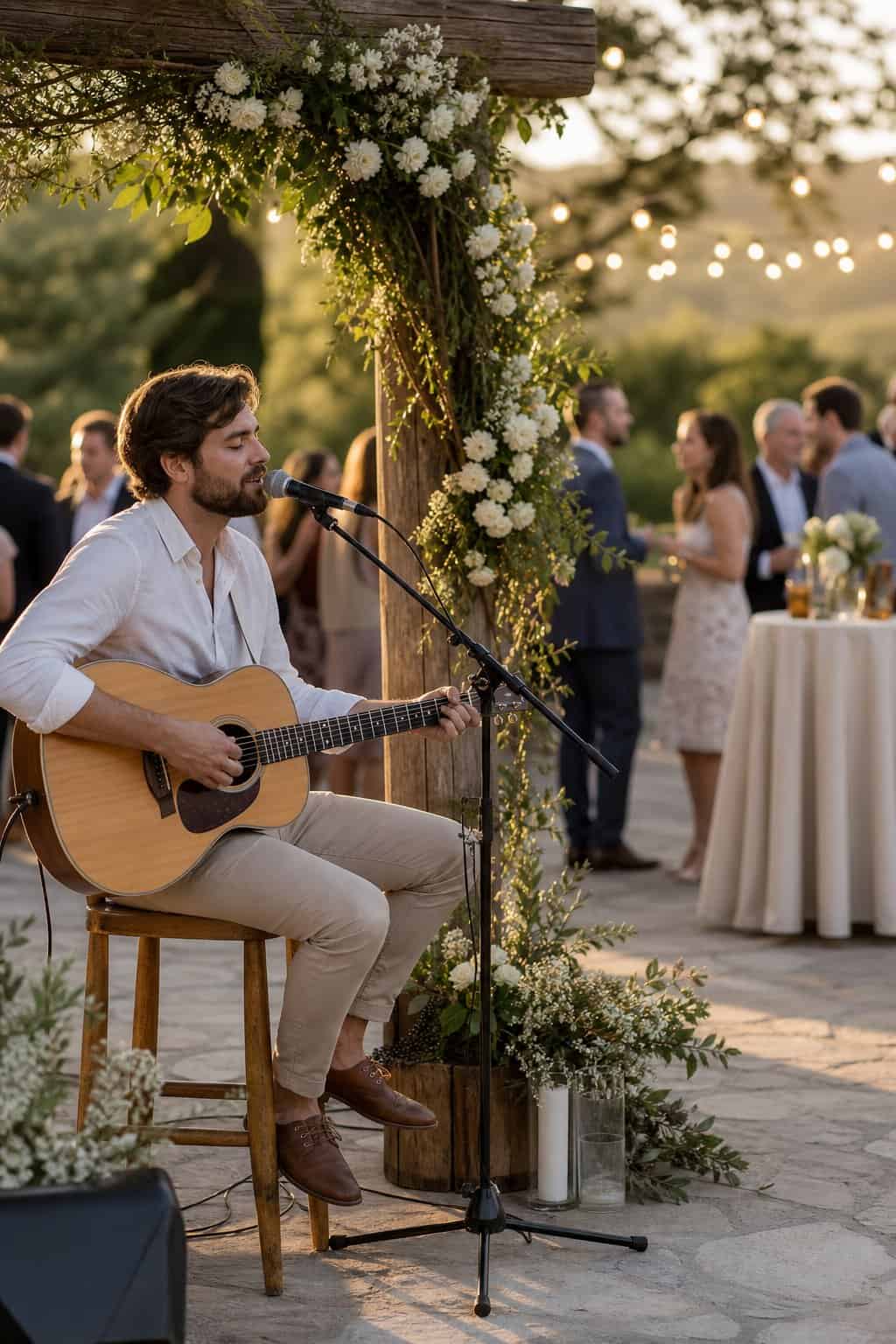 A musician playing acoustic guitar and singing at an outdoor wedding with guests mingling nearby during late afternoon.