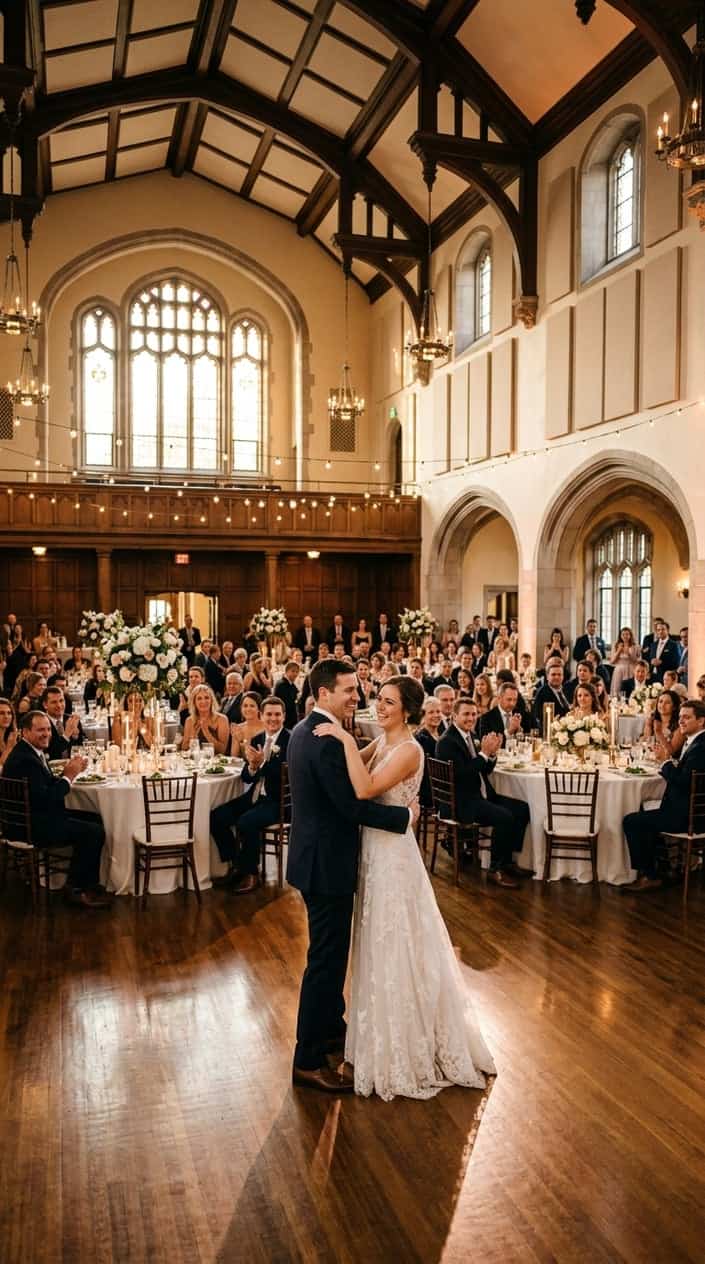 A couple dancing at their wedding reception in a spacious hall with high ceilings, round tables draped in ivory linen, warm chandeliers casting soft pools of light on the parquet floor.