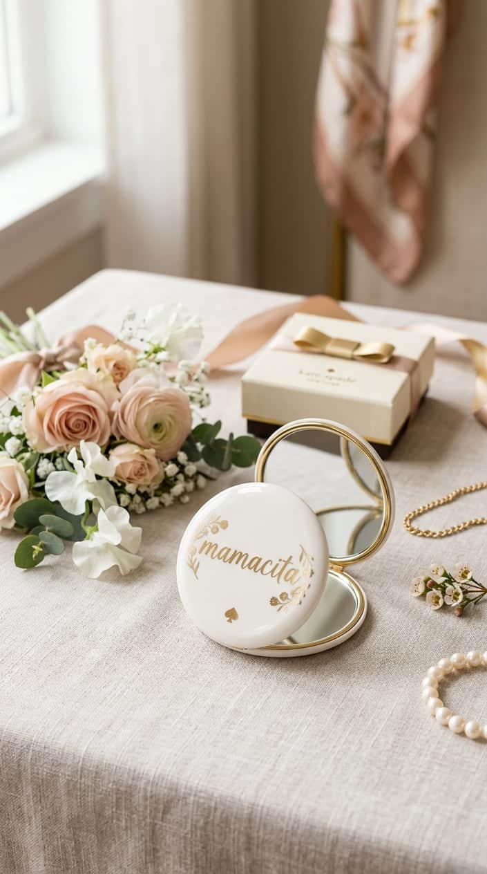 An open Kate Spade compact mirror with a gold-tone metallic finish displayed on a neutral surface, surrounded by pale flowers and a small branded gift box.