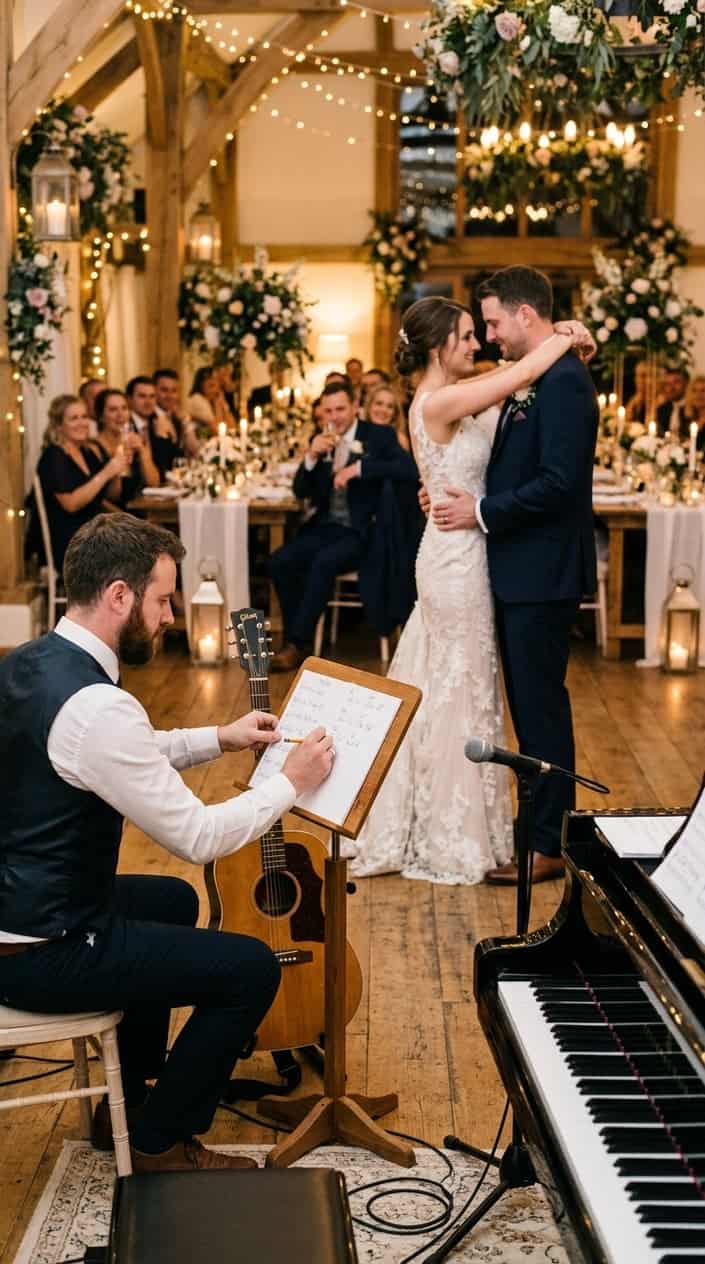 A musician adjusting sheet music on a stand while a couple in formal attire dances in the background, soft warm light from pendant fixtures above.