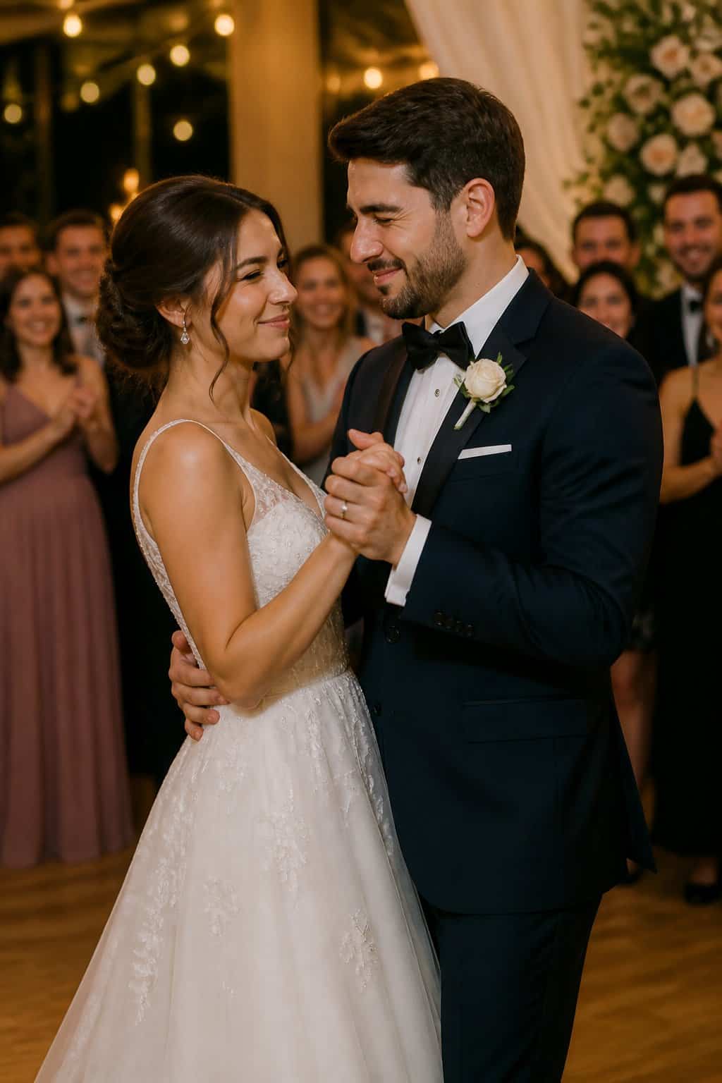 A bride and groom share a playful wink while dancing together at their wedding, surrounded by smiling guests.
