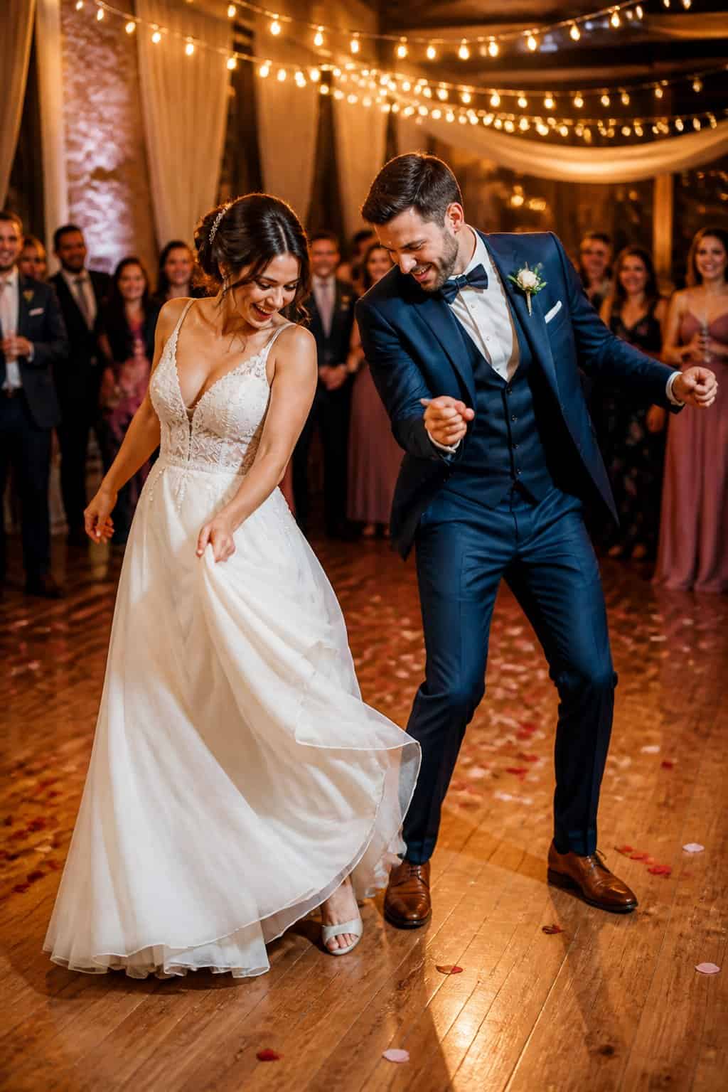 A bride and groom dancing playfully together during their wedding reception with guests watching and smiling in the background.