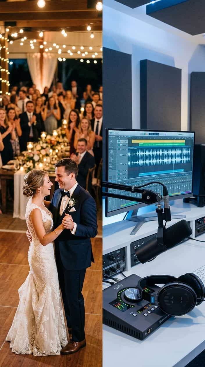 A bride and groom dancing at their wedding reception beside a recording studio setup with audio equipment and a computer screen showing music waveforms in warm orange and blue tones.