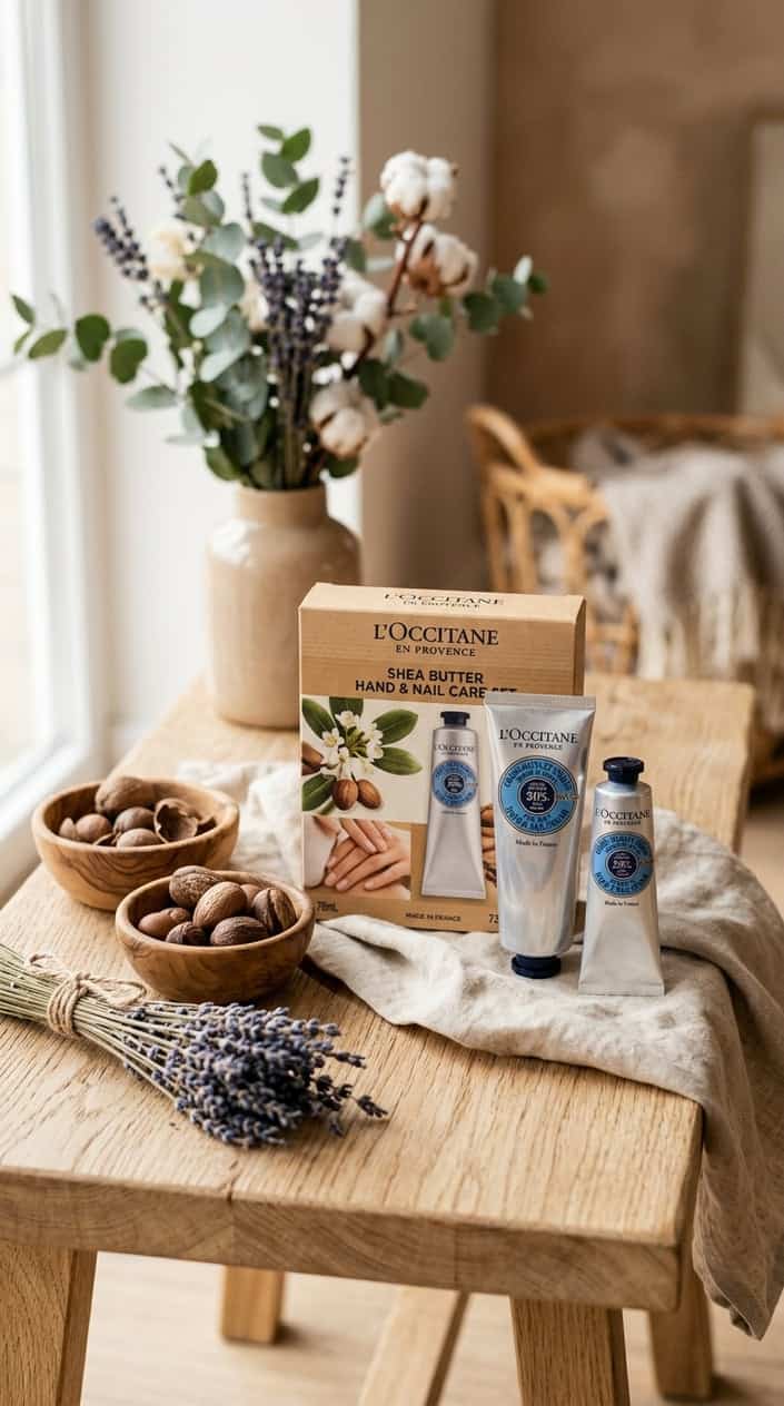 Two L'Occitane Shea Butter cream tubes arranged on a weathered wood surface with a small bundle of dried lavender and a few raw shea nuts scattered nearby.