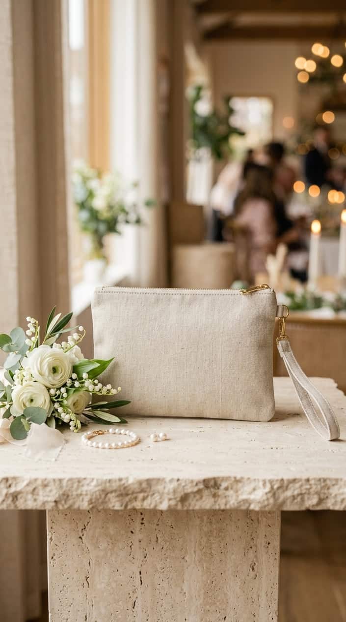 A textured natural-linen clutch bag in a slim rectangular shape displayed flat on a pale surface, with a pearl bracelet draped across the corner and a few white flower petals nearby.