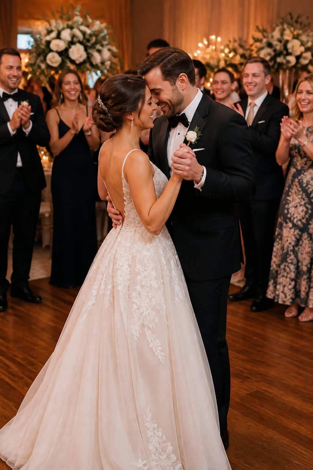 Bride and groom dancing closely surrounded by smiling wedding guests clapping and celebrating at a reception.