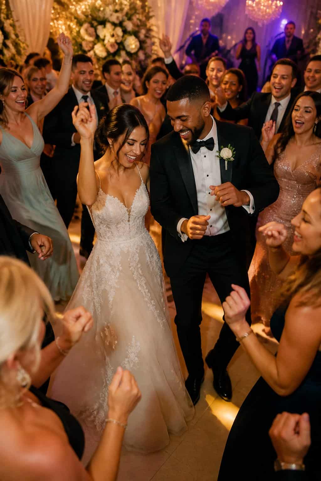 A bride and groom dancing joyfully with guests on a lively wedding dance floor surrounded by festive decorations and warm lighting.